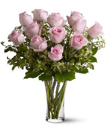 A Dozen Pink Roses in Vase